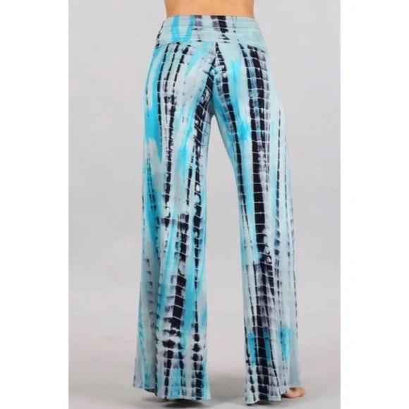 Aqua Blue Boho Tie Dye Foldover High Waist Wide Leg Palazzo Lounge Stretch Pants - Picture 3 of 6